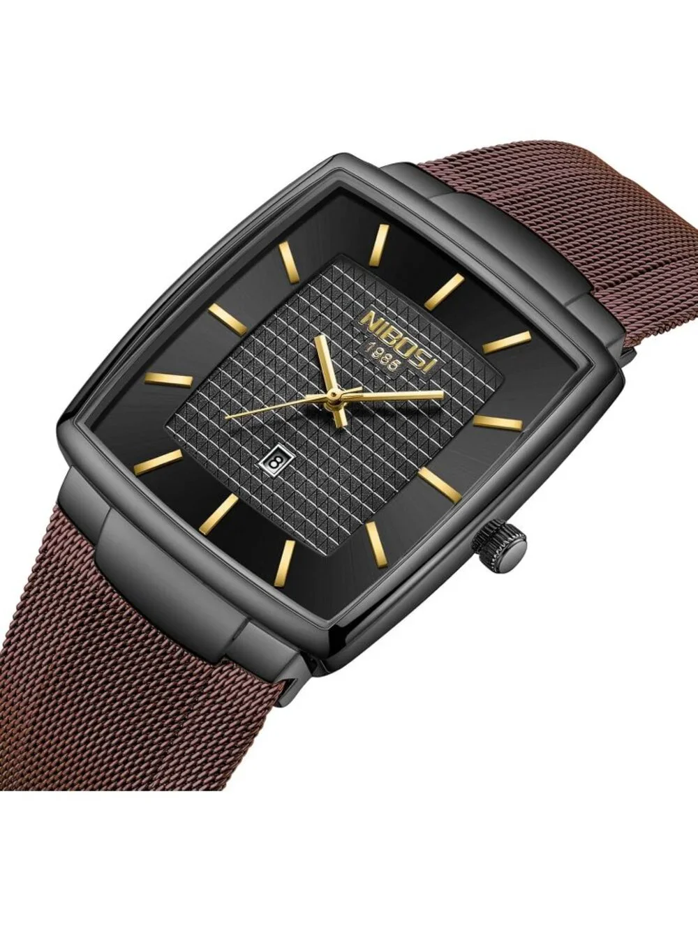 Nibosi Men's Brown Black Square Analog Mash Quartz Hook Buckle Waterproof Watch